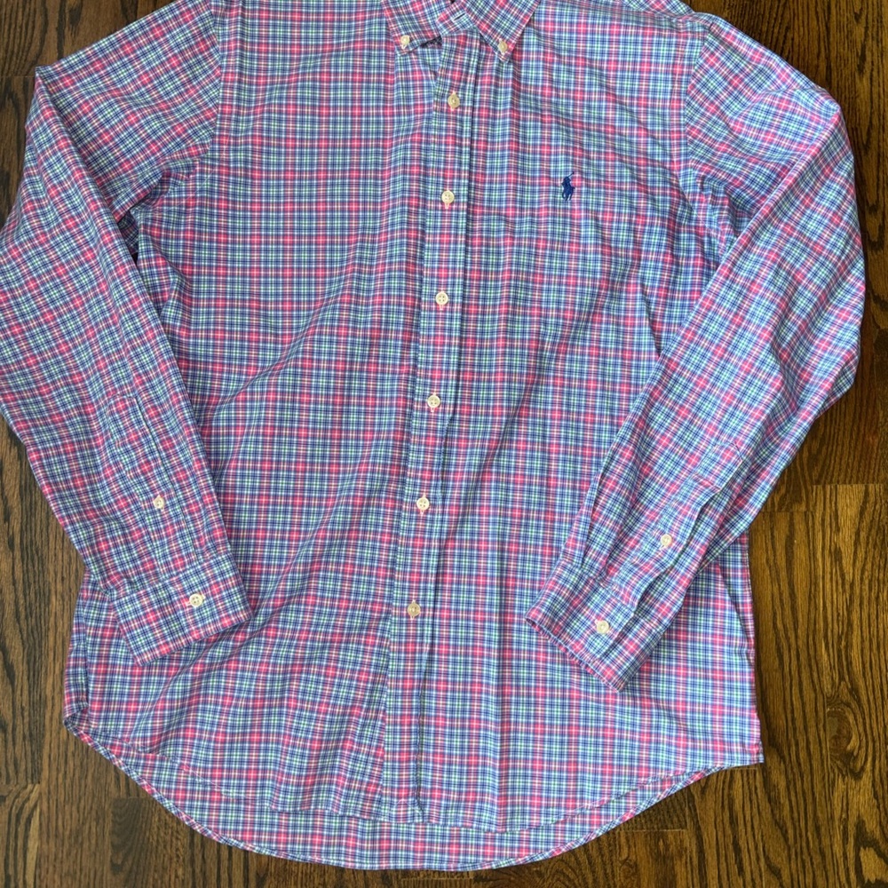 Ralph Lauren Pink Blue Plaid Button Down Shirt Spring 100% Cotton Stretch Men M